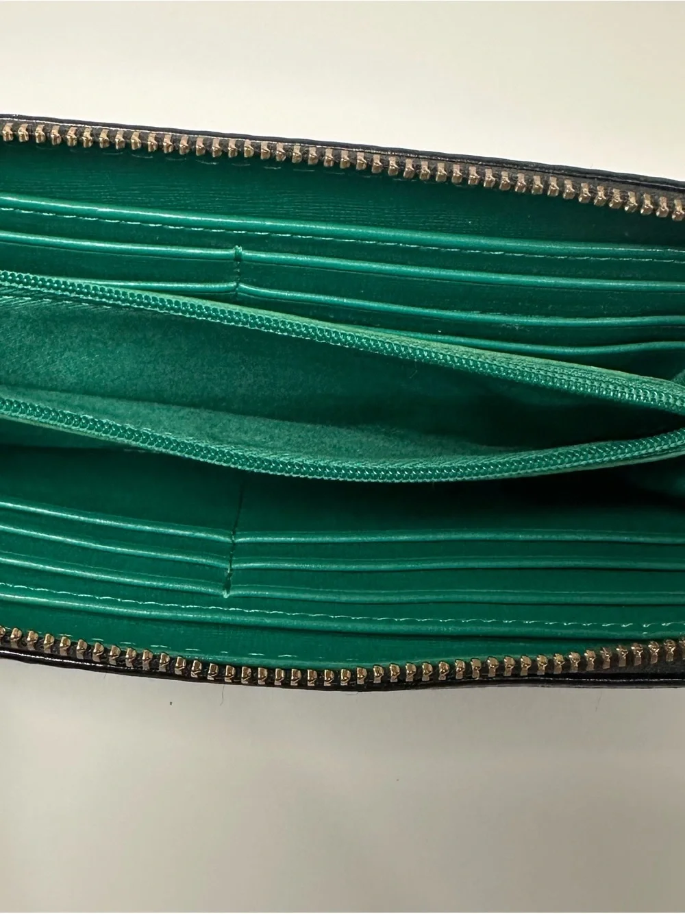 Fossil Black Leather Zip Wallet with Gold Logo Green Inside